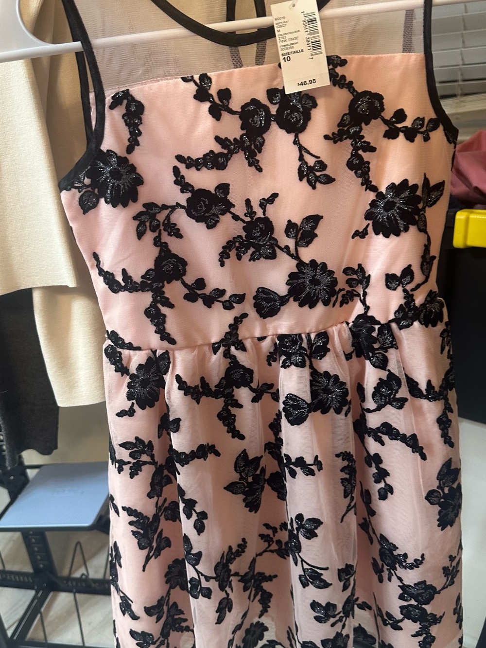 Place Pink Dress with Black Floral Lace Overlay